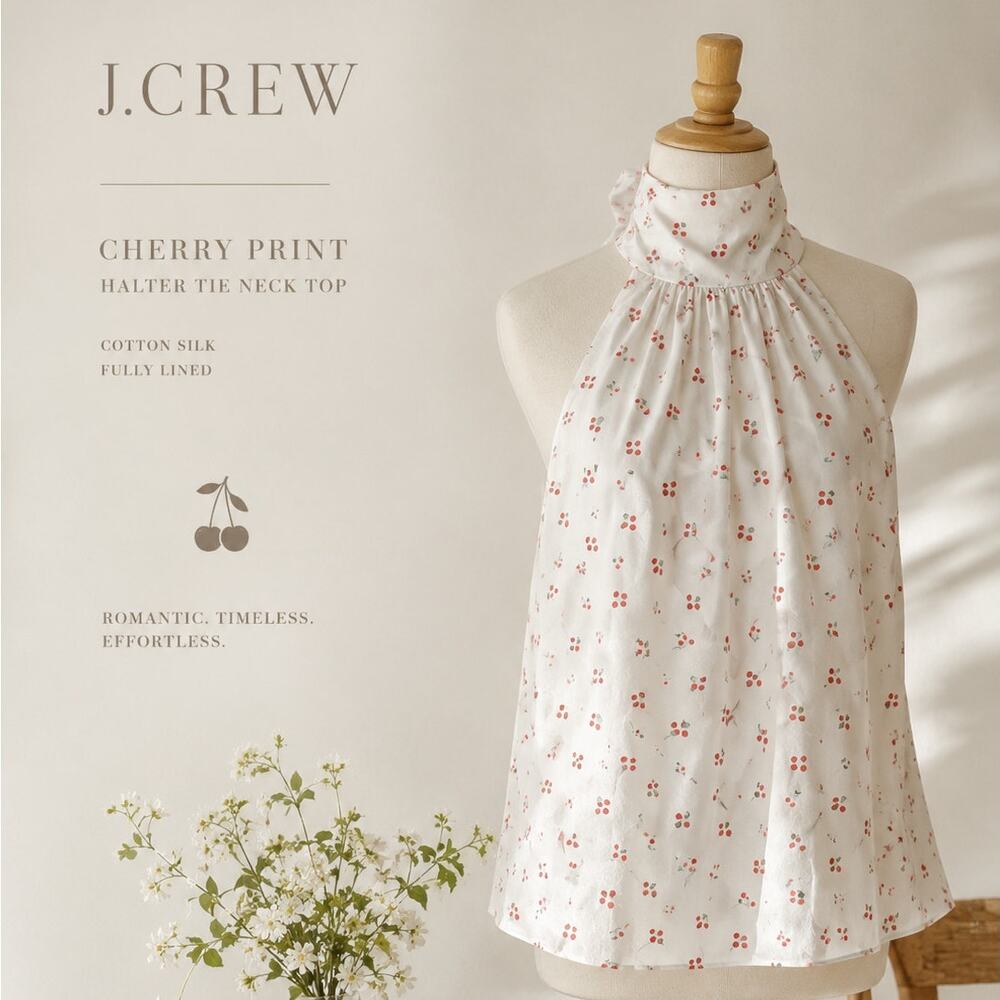 J.Crew Cherry Print Halter Tie Neck Top Fully Lined (NWT) P2 Cotton Silk
